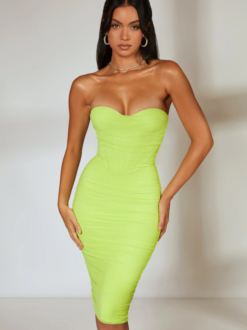 Oh Polly Strapless Neon Lime Midi Bodycon Dress